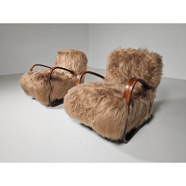H269 Chairs in Long Hair Mongolian Sheepskin from Jindrich Halabala, 1930s, Set of 2 For Sale - Image 9 of 12