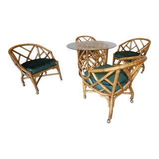 Mid 20th Century Hollywood Regency Ficks Reed Rattan Dining Set With Brass Casters, Attributed For Sale