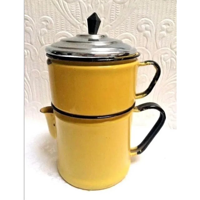 Canary Yellow Antique French Art Deco Bright Yellow Graniteware Coffee Pot Bakelite Handle For Sale - Image 8 of 8