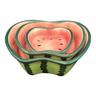 Vintage Majolica Ceramic Watermelon Nesting BowlS-SET of 3 For Sale