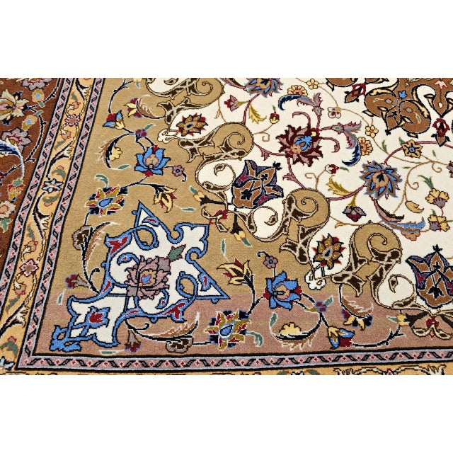 Vintage Persian Tabriz Square Area Rug, Hand-Knotted Wool & Silk, Fine Medallion Floral Pattern, Ivory & Brown, 7x7 For Sale - Image 15 of 16