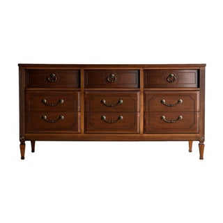 Vintage Ward Walnut Nine-Drawer Triple Dresser With Fluted Details For Sale