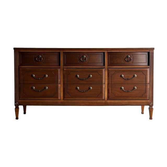 Vintage Ward Walnut Nine-Drawer Triple Dresser With Fluted Details For Sale