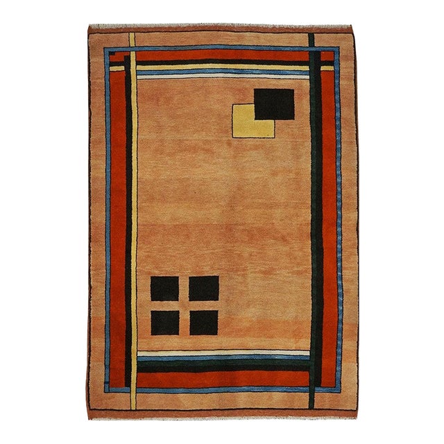 21st Century Turkish Konya Wool 5x6 Tan, Red & Blue Handmade Area Rug #9900675 For Sale