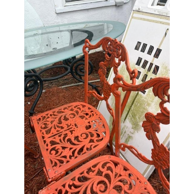 Orange Set of 4 Vintage Orange Iron Garden Patio Chairs For Sale - Image 8 of 10
