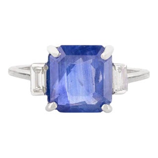 3.08Ctw Square Blue Sapphire & Baguette Diamond Statement Ring Size 7 For Sale