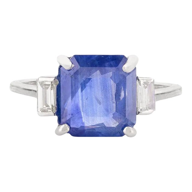 3.08Ctw Square Blue Sapphire & Baguette Diamond Statement Ring Size 7 For Sale