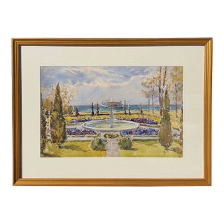 Early 20th Century Garden with Fountain Watercolor Painting For Sale