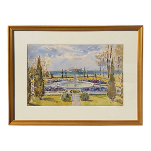 Early 20th Century Garden with Fountain Watercolor Painting