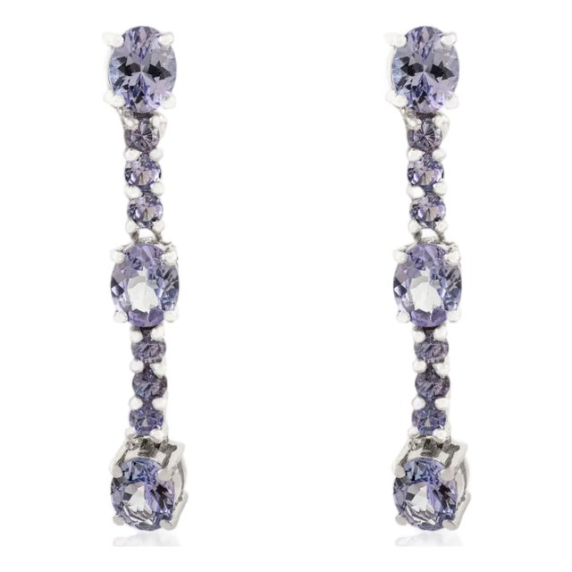 Art Deco Style Oval Cut Tanzanite & Diamond Dangle Earrings in Sterling Silver - A Pair For Sale