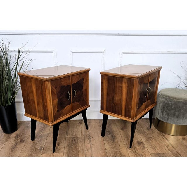 Gold Mid-Century Art Deco Italian Nightstands with Walnut Glass Top, 1950s, Set of 2 For Sale - Image 8 of 10
