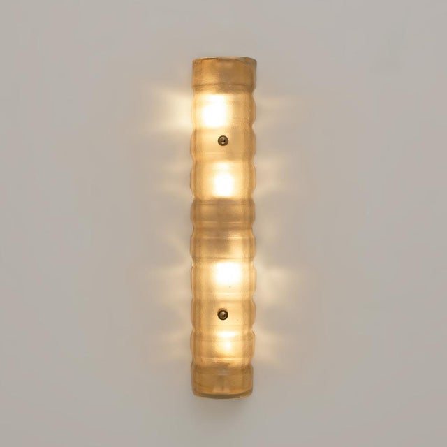 Mid-Century Modern Murano Gold-Toned Frosted Glass and Brass Wall Sconces, Italy, 2000s, Set of 2 For Sale - Image 3 of 11