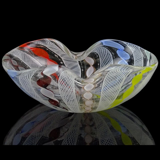 Murano Vintage Murano Rainbow Colors Twisting Zanfirico Latticino Ribbons Italian Art Glass Decorative Bowl Trinket Dish For Sale - Image 4 of 8