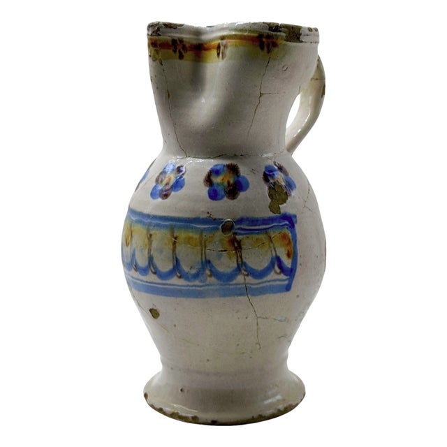 Antique Hand-Painted Majolica Ceramic Jug, Italy For Sale