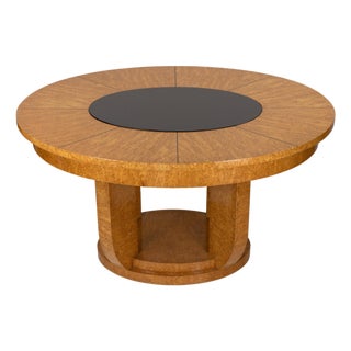 Art Deco Round Dining Table in Bird’s-Eye Maple and Ebonized Glass, 1930s For Sale