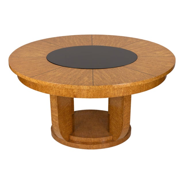 Art Deco Round Dining Table in Bird’s-Eye Maple and Ebonized Glass, 1930s For Sale