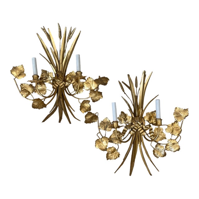 1950s Pair of Gilt Metal Grapevine Motif Wall Sconces For Sale