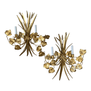 1950s Pair of Gilt Metal Grapevine Motif Wall Sconces