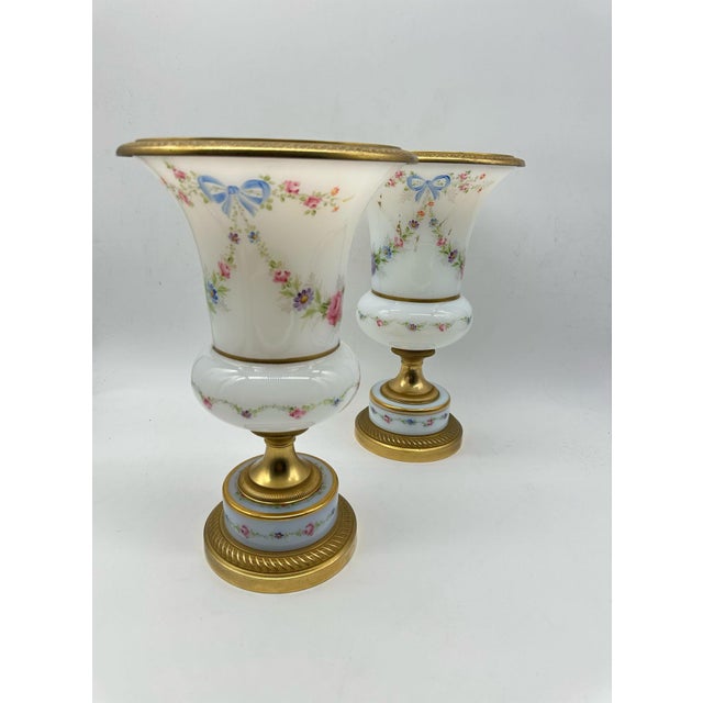 French Opaline Glass Vases on Gilt Bronze Foot with Hand-Painted Floral Garlands and Blue Bows For Sale - Image 12 of 12