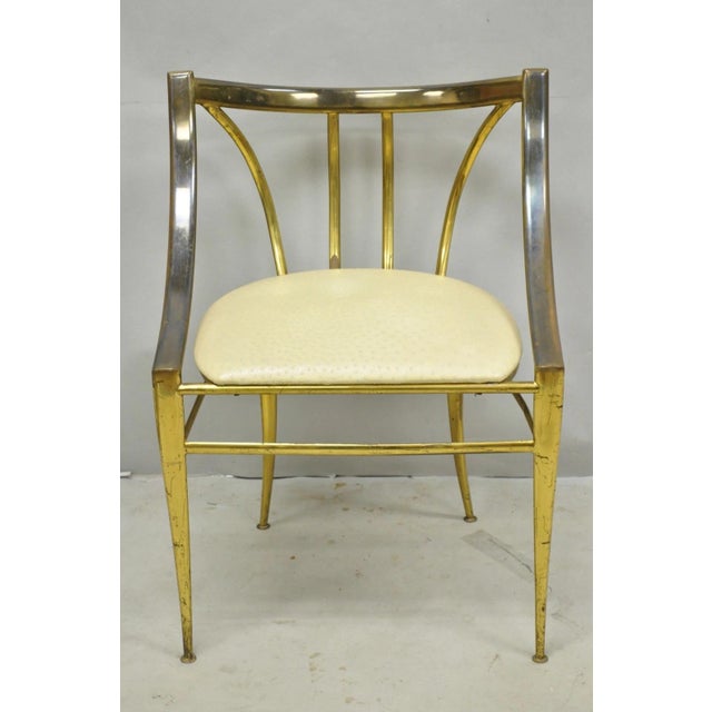 Vintage Italian Hollywood Regency Sculptural Brass Klismos Saber Leg Chiavari Style Accent Side Chair with Faux Ostrich...