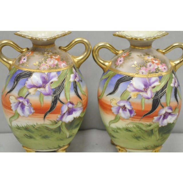 Art Nouveau Antique Nippon Moriage Hand Painted Porcelain Purple Iris & Gold Gilt Vase Pair For Sale - Image 3 of 18