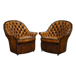 Brown Hand-Dyed Leather Chesterfield Armchairs with Pleated Front, Set of 2 For Sale