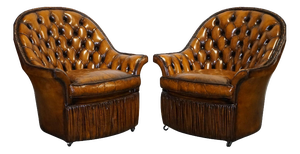 Brown Hand-Dyed Leather Chesterfield Armchairs with Pleated Front, Set of 2