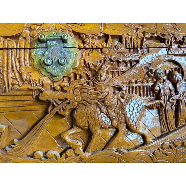Chinese Vintage 1940’s Chinese Glazed Carved Scenic Wood Chest For Sale - Image 3 of 12