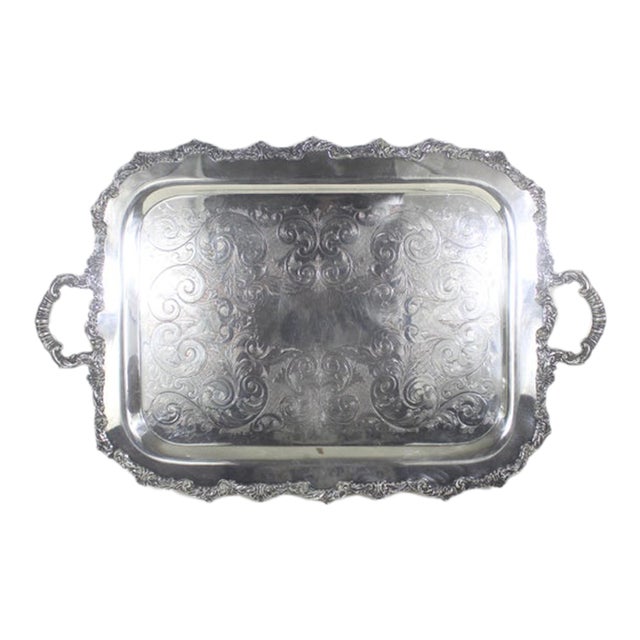 Extra Large Butler’s Tray Silver Plated Rectangular Platter Vintage Plate Ornate Handles Embossed Serving For Sale