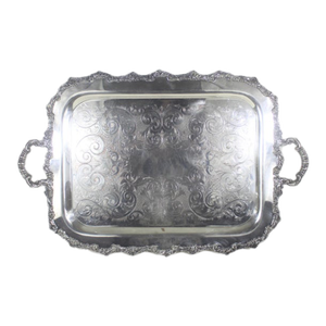 Extra Large Butler’s Tray Silver Plated Rectangular Platter Vintage Plate Ornate Handles Embossed Serving