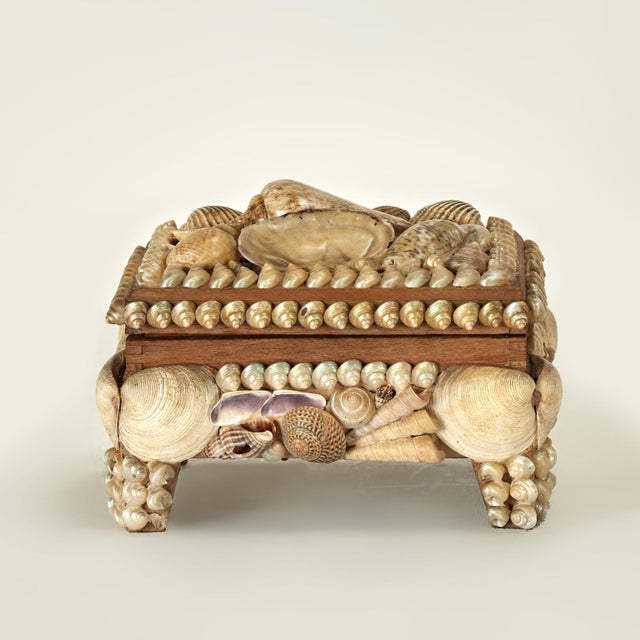 Enchanting 19th century English Victorian lidded box lovingly decorated with exotic seashells with an interior lined in...