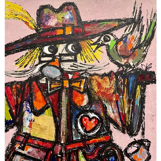 Lazar Obican, Large Naive European Folk Art Oil Painting Lazar Obican French Scarecrow Clown, 1968 For Sale In Miami - Image 6 of 9