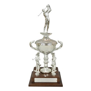 Vintage 1970s Silver Metal & Wood Figural Golf Trophy Award Cup John Sanzari For Sale