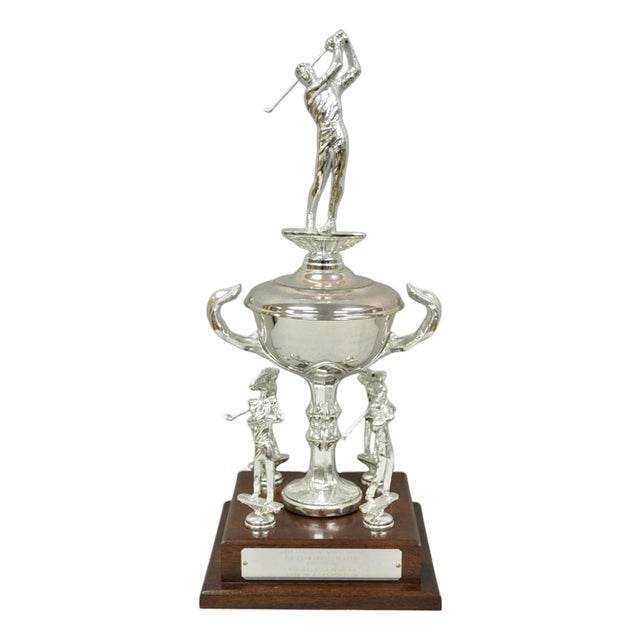 Vintage 1970s Silver Metal & Wood Figural Golf Trophy Award Cup John Sanzari For Sale