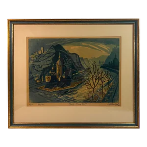 Intriguing Cubist Castle and River Scene, Signed Lithograph
