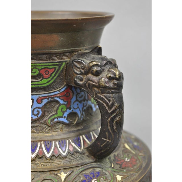 Antique Japanese Champleve Cloisonne Enamel Bronze Twin Handle 14" Vessel Vase For Sale - Image 4 of 12