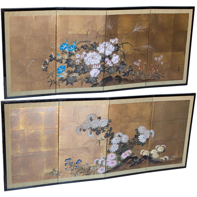 Beautiful pair of Japanese painted byobu (folding screens) with Peonies, Chrysanthemums, Asters and other on bronze with...