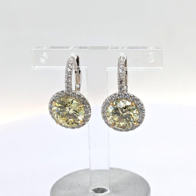 18k White Gold With Natural Round Vivid Fancy Yellow Diamond Drop Earrings, Pair For Sale - Image 9 of 11