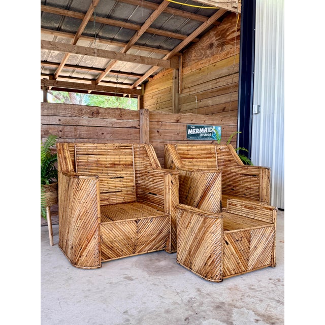 Mid-20th Century Organic Modern Restored Split Rattan Club Lounge Chairs and Ottoman – Set of Three For Sale - Image 12 of 12