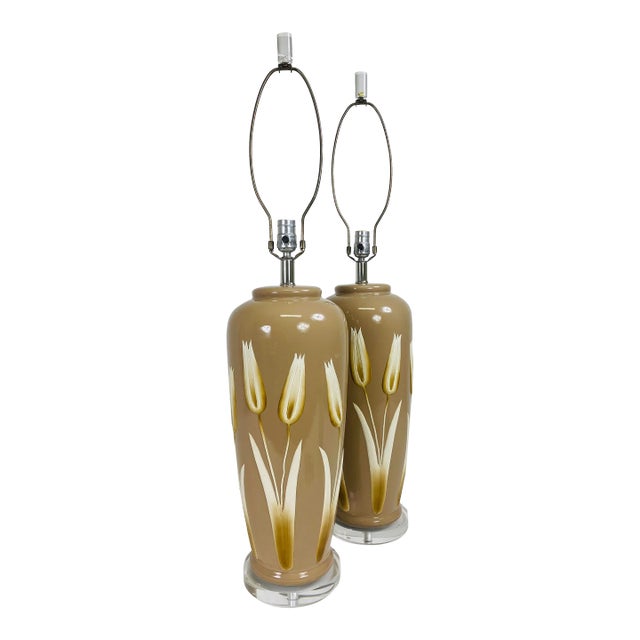 Elegant Pair of Mid Century Pottery Table Lamps. For Sale