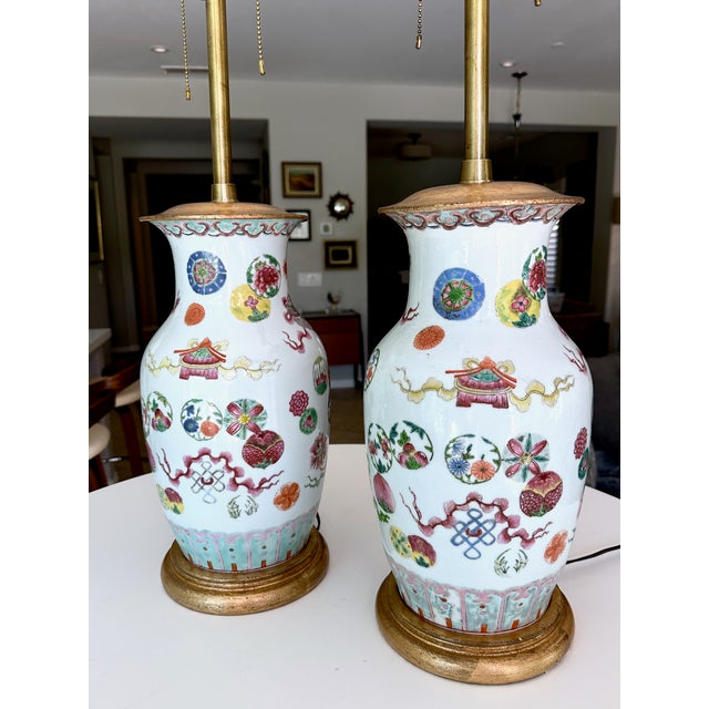 Rose Pair 19th Century Chinese Marbro Famille Rose Porcelain Table Lamps For Sale - Image 8 of 18