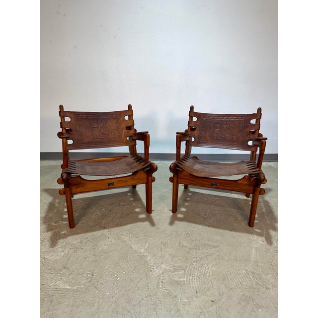 1960s Set of 2 Mid Century Angel Pazmino Hand Tooled Leather Sling Safari Chairs For Sale In Tampa - Image 6 of 12
