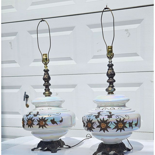 1970s Carl Falkenstein Attributed Opalescent and Brass Lamps - A Pair For Sale - Image 9 of 14