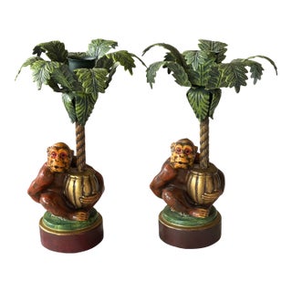 Vintage Palm Beach Style Petite Choses Monkey Palm Tree Candle Holders - A Pair For Sale
