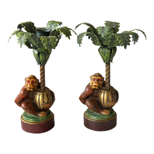 Vintage Palm Beach Style Petite Choses Monkey Palm Tree Candle Holders - A Pair