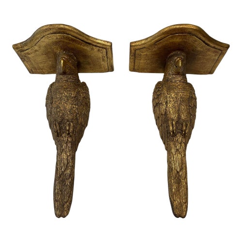 Late 20th Century Large Hollywood Regency Gold Parrot Wall Bracket Shelves - Set of Two