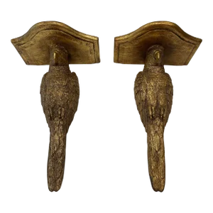 Late 20th Century Large Hollywood Regency Gold Parrot Wall Bracket Shelves - Set of Two