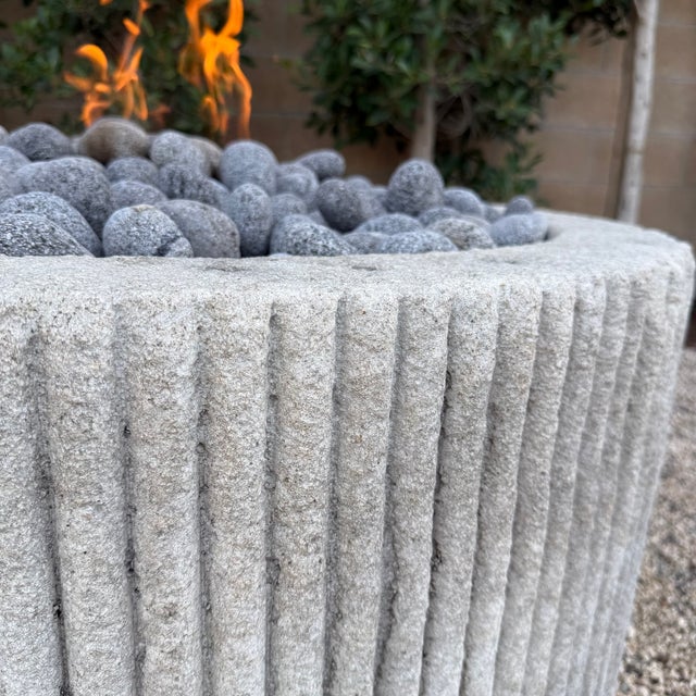 Custom Limestone Texture Fire Pit With Fluted Edges With Fire Pebbles For Sale - Image 10 of 15