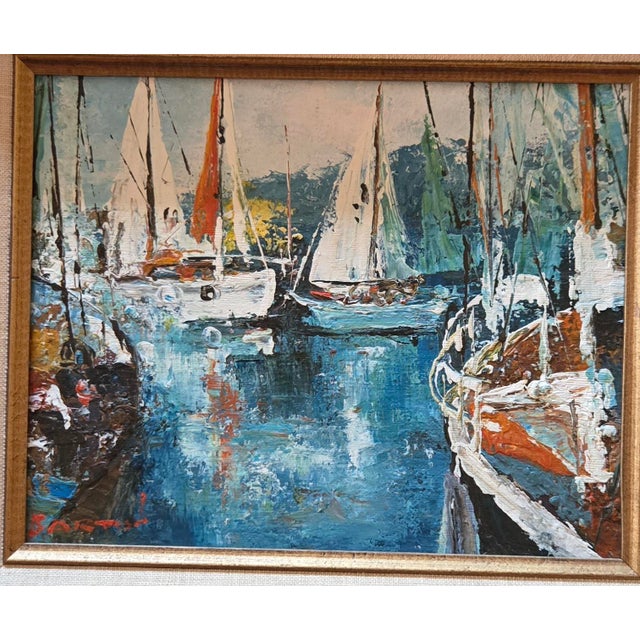 This original oil painting is a vibrant harbor scene with sailboats rendered in a heavy impasto technique with a pallet...