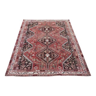 1960s Rich Red, Vintage Persian Shiraz With Ancient Bird Motif, Worn Down Hand Knotted Organic Wool Clean, Rug For Sale